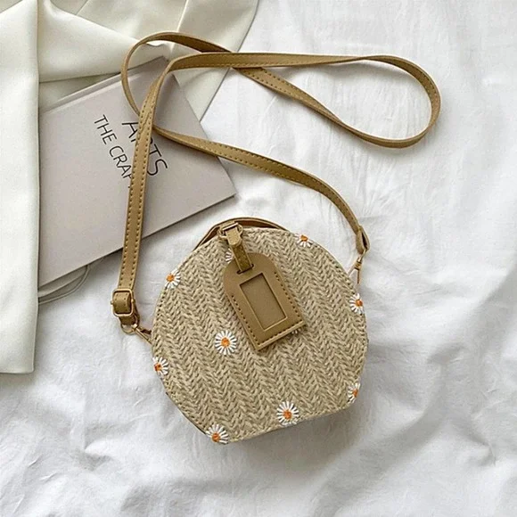 Daisy Flower Embroidered Round Straw Crossbody Bag in Khaki - Picture 2 of 9